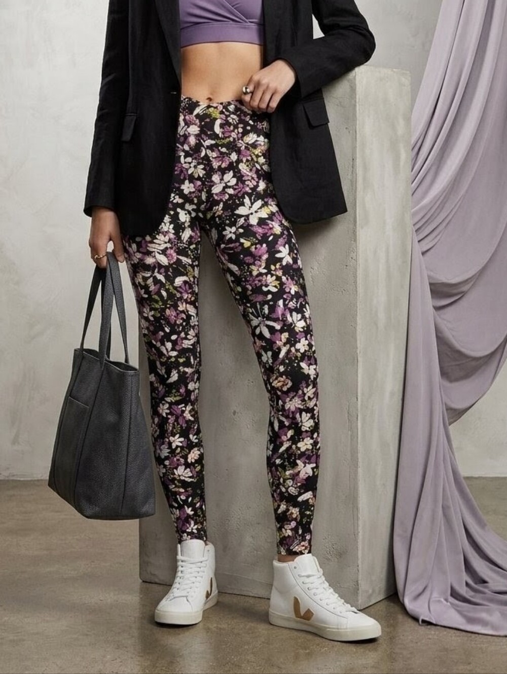 No Boundaries Black Floral High-Rise Leggings with Purple and Pink Flowers